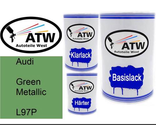 Audi, Green Metallic, L97P: 500ml Lackdose + 500ml Klarlack + 250ml Härter - Set, von ATW Autoteile West.